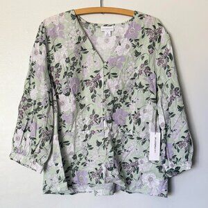 NWT size XL Liz Claiborne SEAGREEN floral flower green purple cotton button down